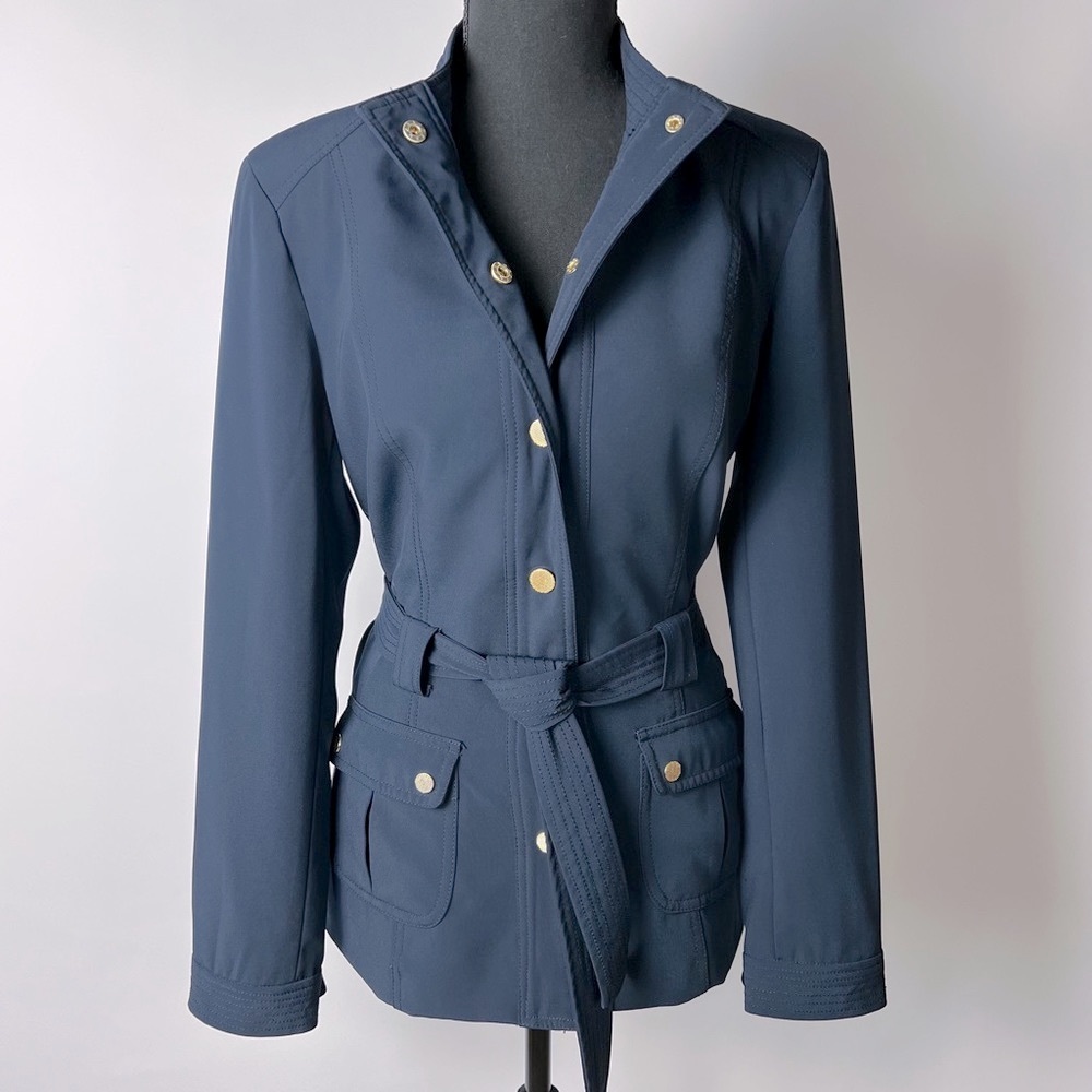 Cache Womens Trench Coat Jacket Navy Blue Gold Hardware Belted Waist Size 8